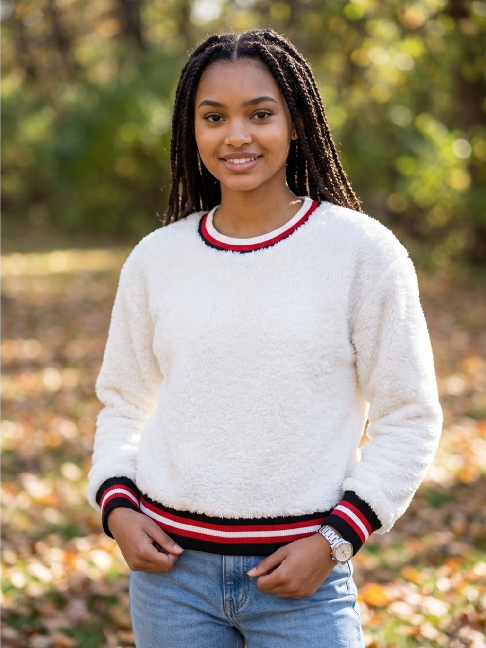 Evereve Cream Sherpa Crew Neck Sweat shirt with Red & Black Stripe Trim